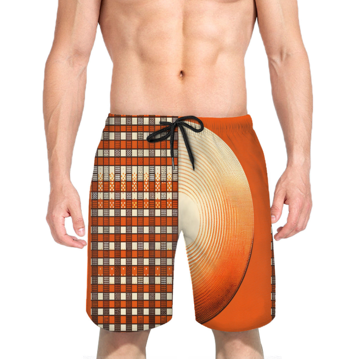 Orange Check Men's Beach Shorts (Not Mesh Lined) | Polyester