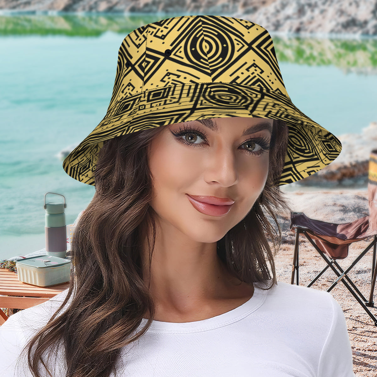 Golden Geometric Shapes Double-Sided Unisex Polyester Bucket Hat