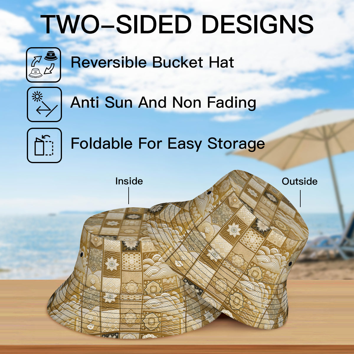 Golden Geometric Shapes Double-Sided Unisex Polyester Bucket Hat