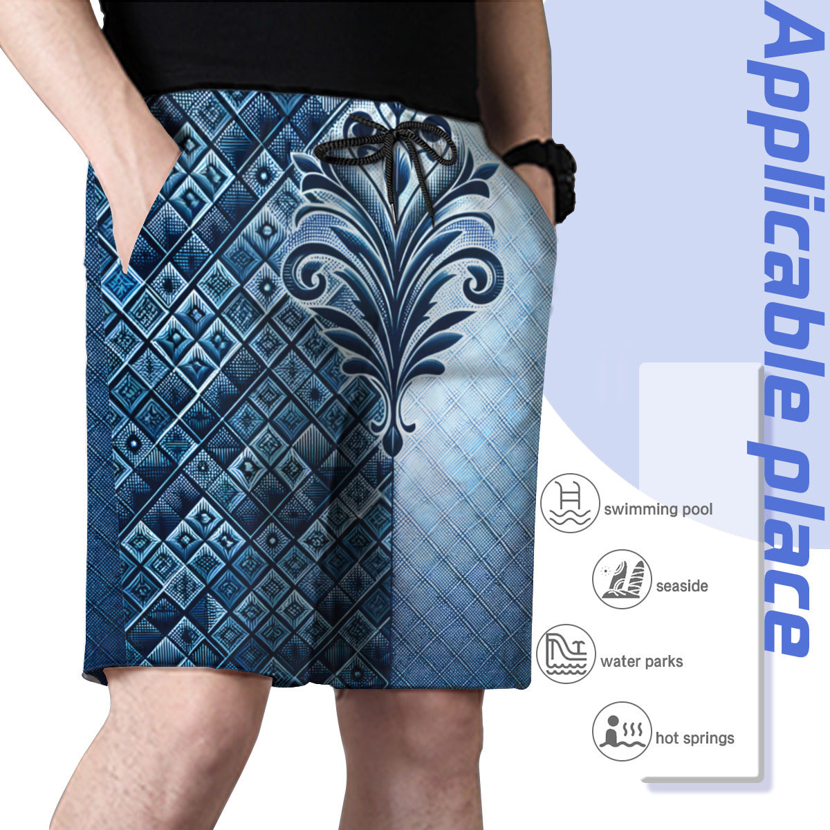 Blue Floral Men's Beach Shorts (Not Mesh Lined) | Polyester