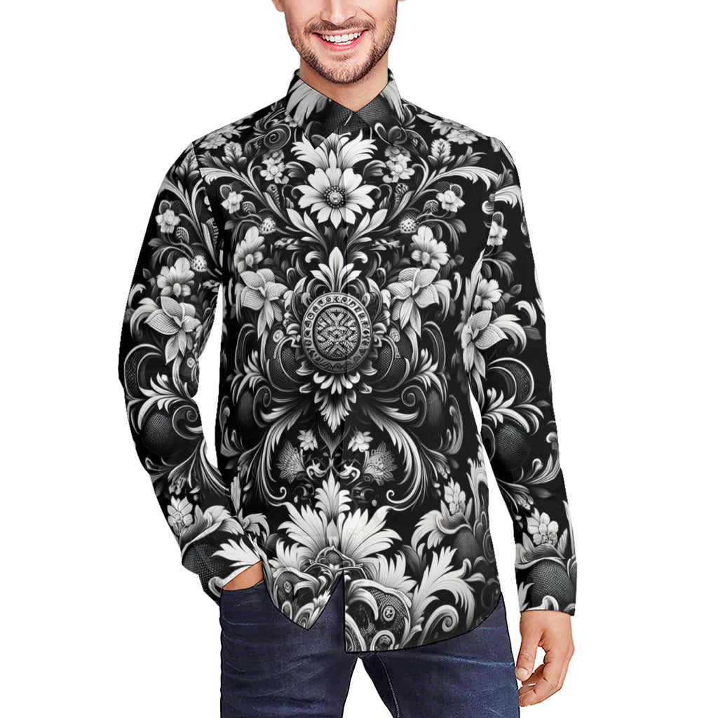 Black And White Floral Long Sleeves Men's Shirt