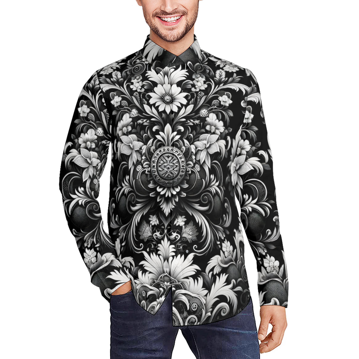 Black And White Floral Long Sleeves Men's Shirt