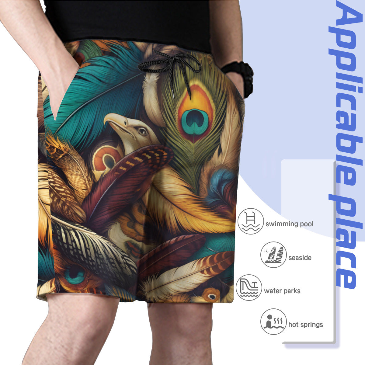 Elegant Peacock Feathers Men's Beach Shorts (Not Mesh Lined) | Polyester