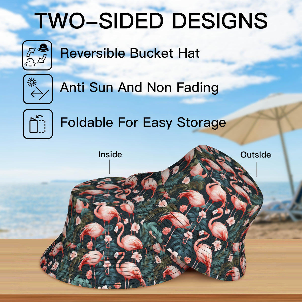Flamingo Double-Sided Unisex Polyester Bucket Hat