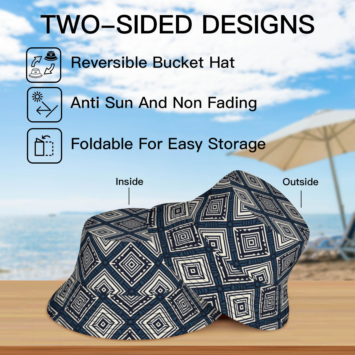 Navy Blue Geometric Shapes Double-Sided Unisex Polyester Bucket Hat