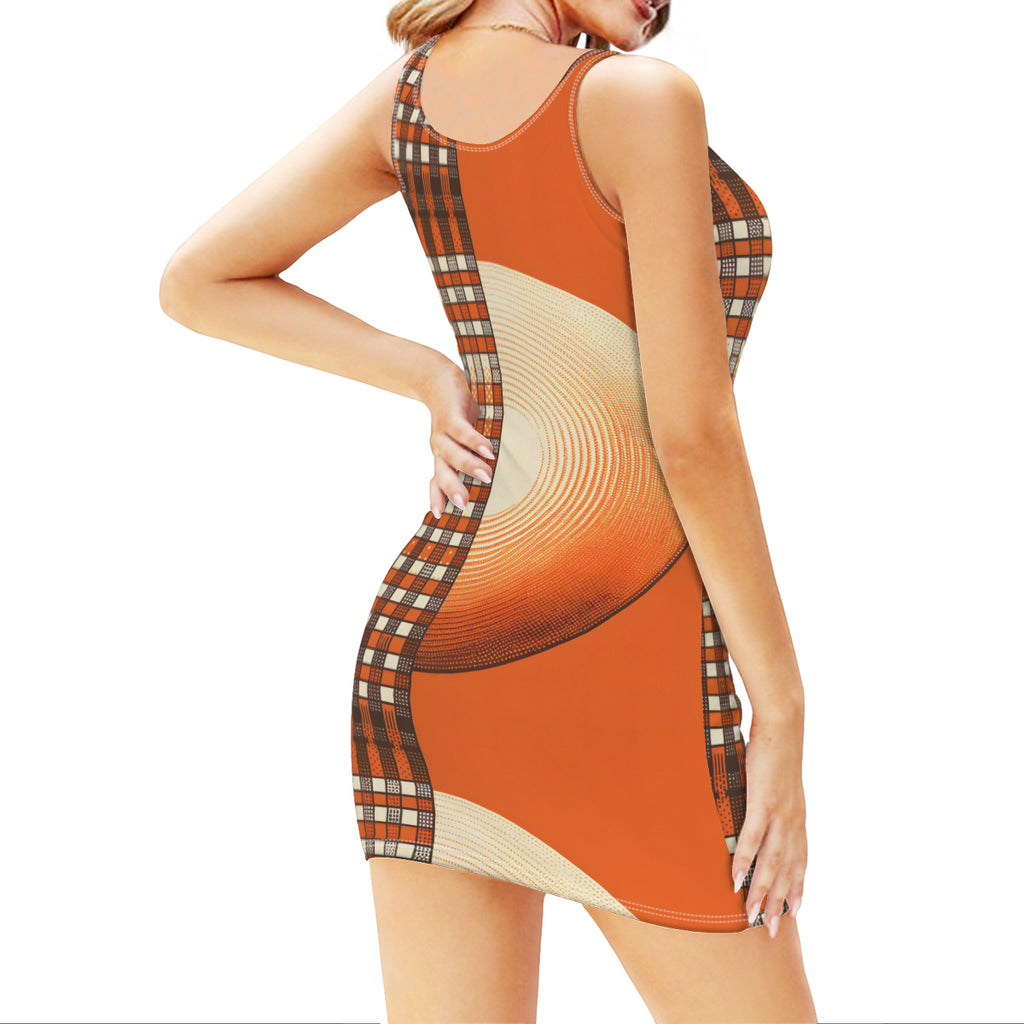 Orange Check Sleeveless Slim-Fit Euro-Size Tank Slip Dress | Polyester