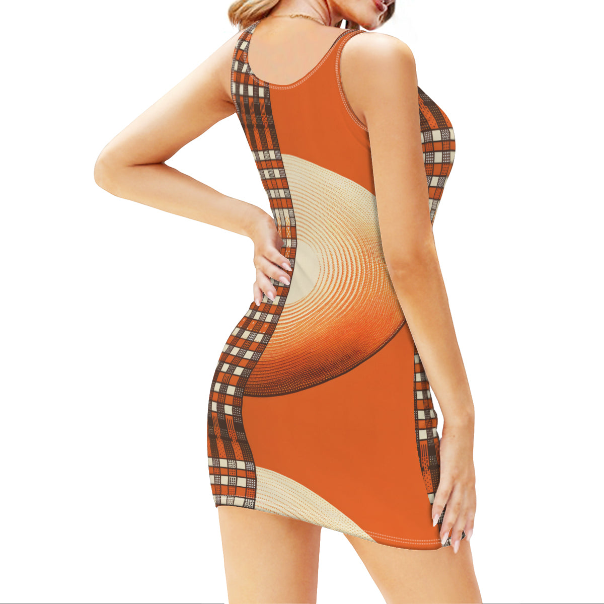 Orange Check Sleeveless Slim-Fit Euro-Size Tank Slip Dress | Polyester
