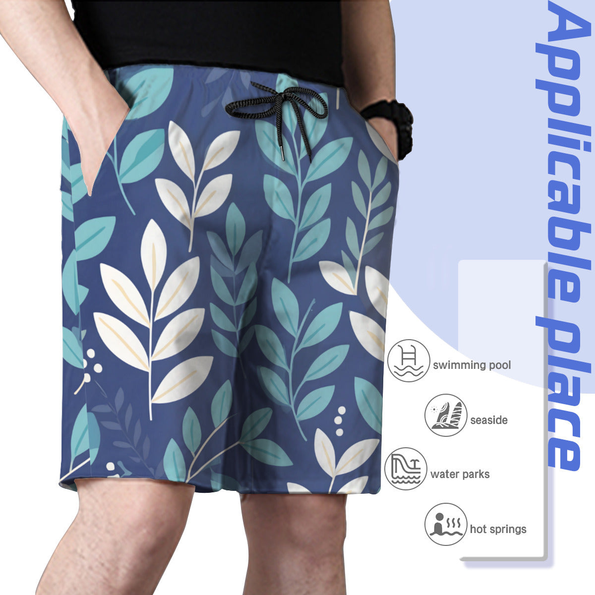 Blue Leaves Men's Beach Shorts (Not Mesh Lined) | Polyester