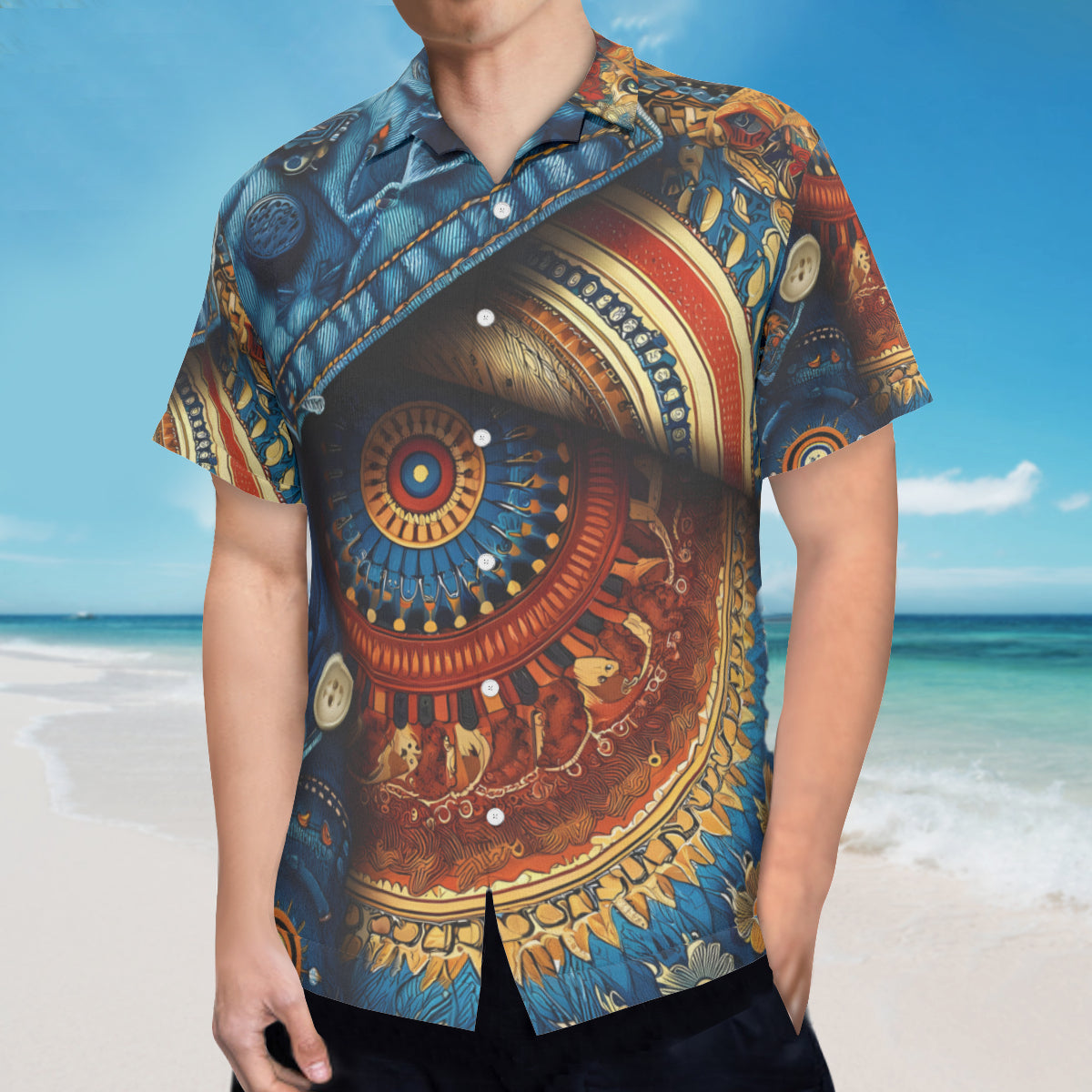 Denim And African Design Short Sleeves Men's Shirt