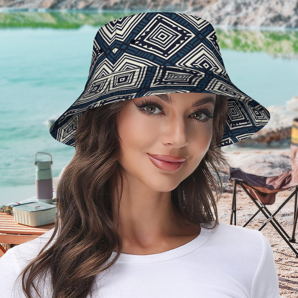 Navy Blue Geometric Shapes Double-Sided Unisex Polyester Bucket Hat