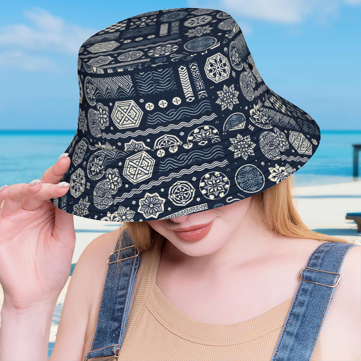 Navy Blue Geometric Shapes Double-Sided Unisex Polyester Bucket Hat