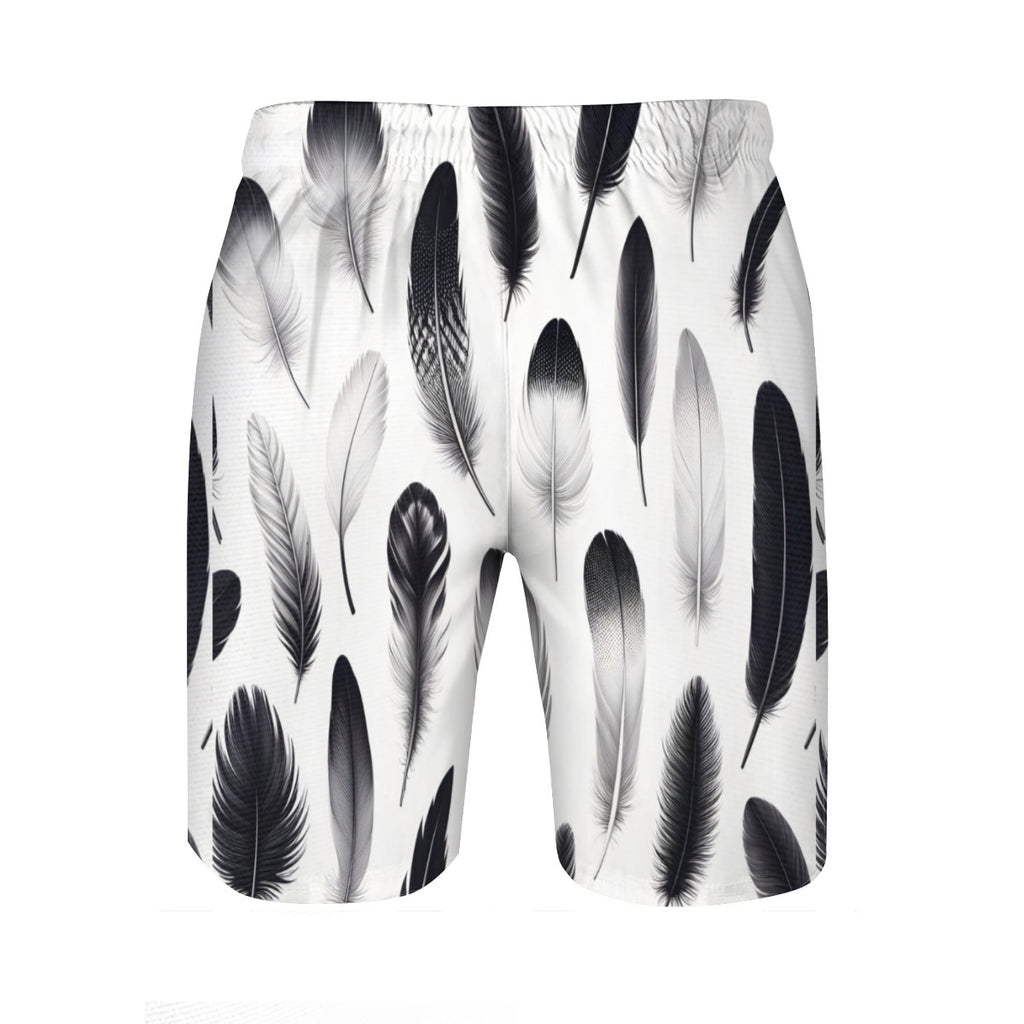 Black And White Feathers Men's Beach Shorts (Not Mesh Lined) | Polyester