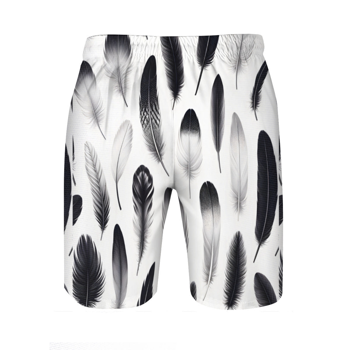 Black And White Feathers Men's Beach Shorts (Not Mesh Lined) | Polyester