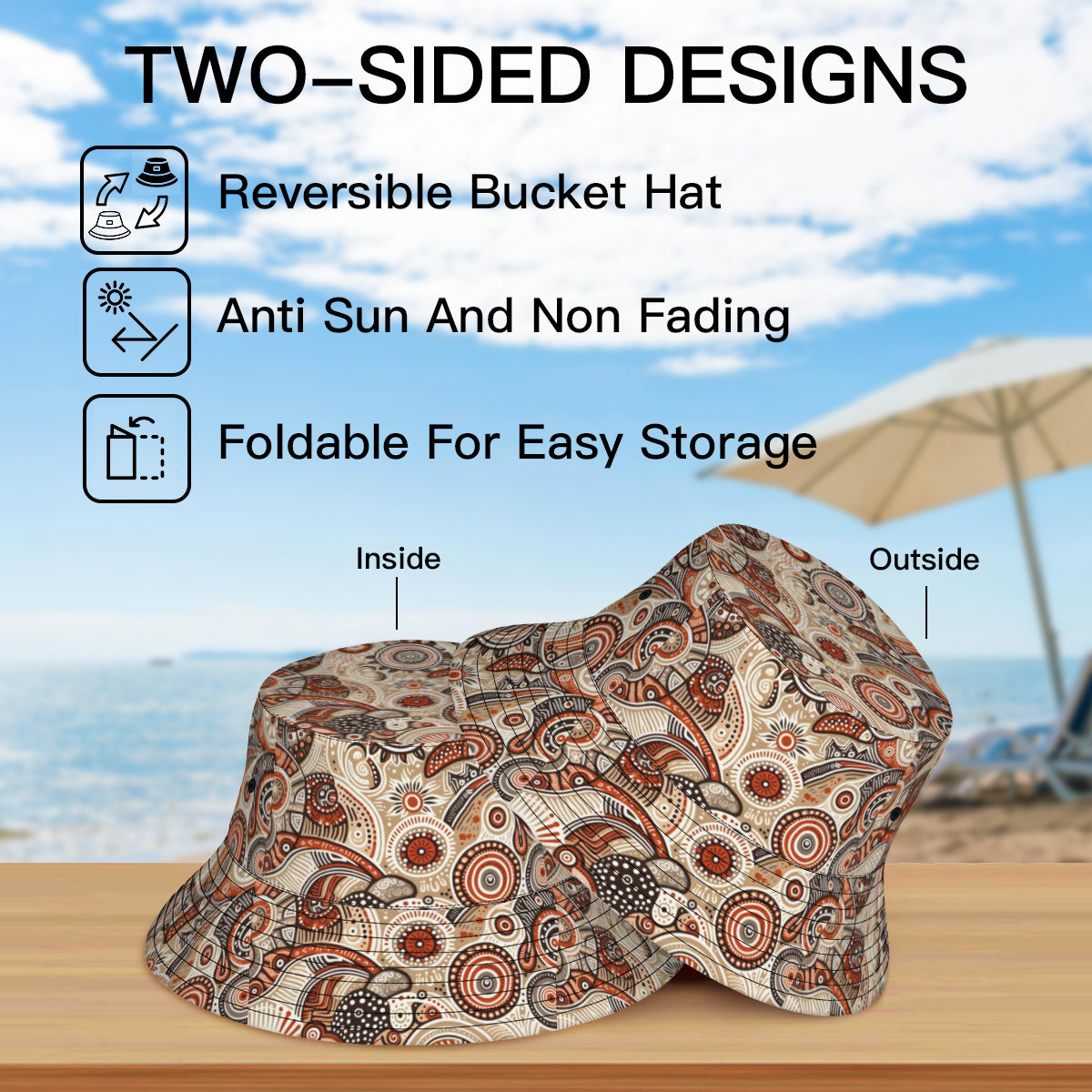Aboriginal Doodle Pattern Double-Sided Unisex Polyester Bucket Hat