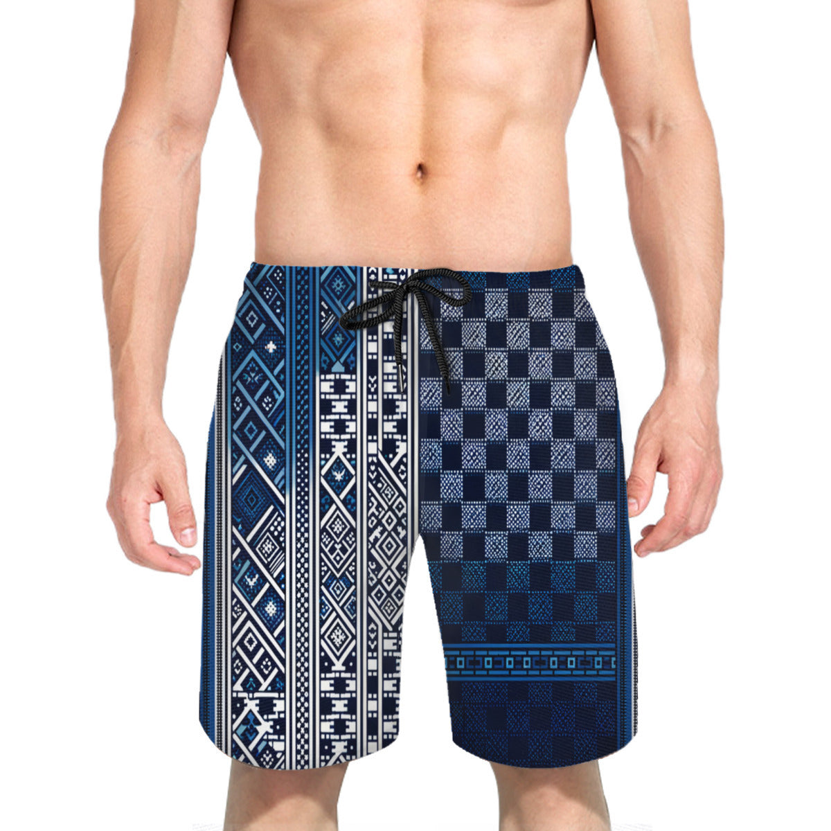 Blue Check Men's Beach Shorts (Not Mesh Lined) | Polyester