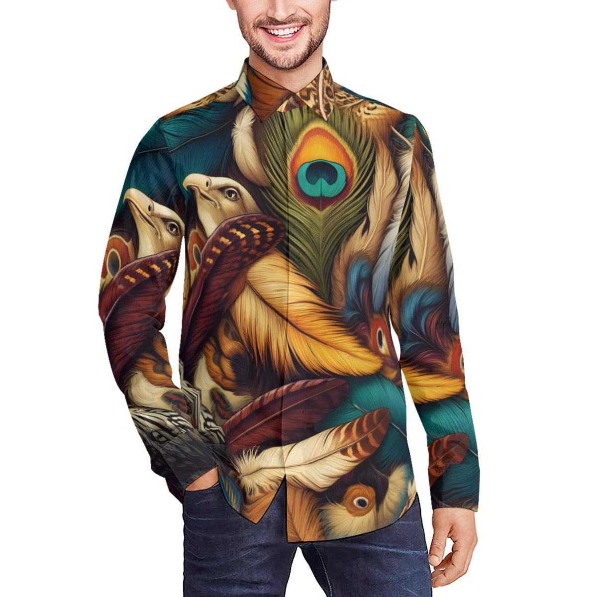 Elegant Feathers  Men's Classic Long-Sleeved Shirt | Polyester