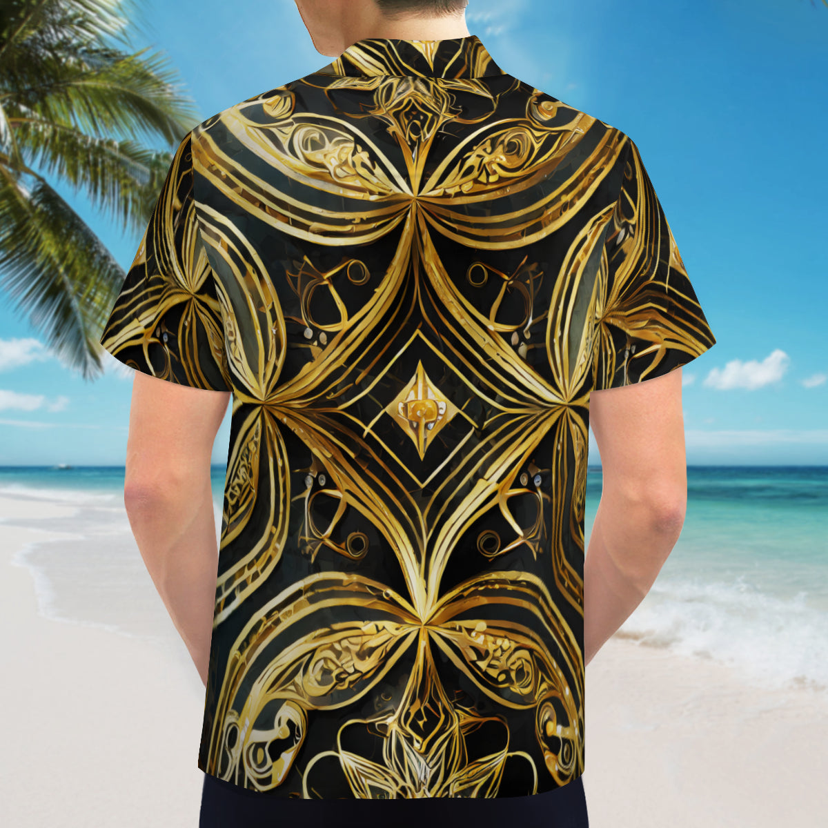 Gold On Black Pattern Short Sleeves Men's Shirt