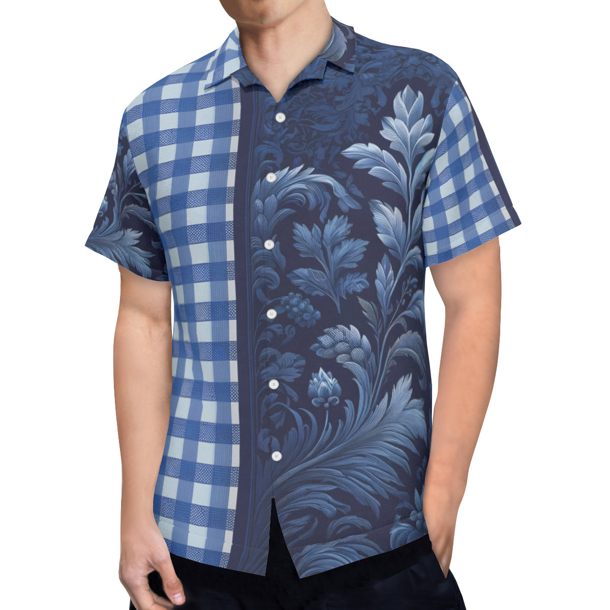Blue Check Floral Short Sleeves Men's Shirt