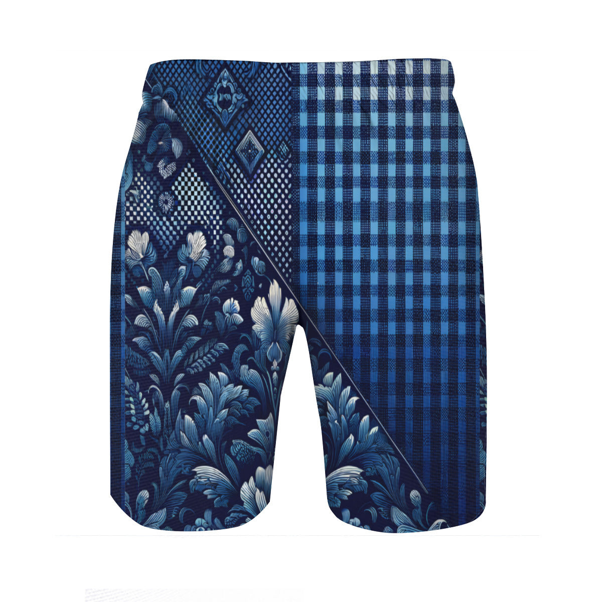 Blue Floral Check Men's Beach Shorts (Not Mesh Lined) | Polyester