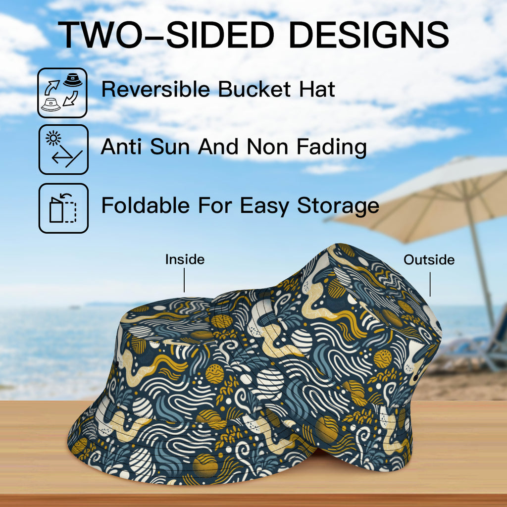 Dark Blue Geometric Shapes Double-Sided Unisex Polyester Bucket Hat