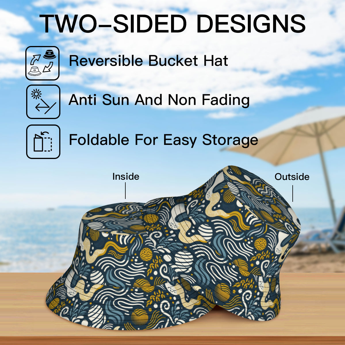 Dark Blue Geometric Shapes Double-Sided Unisex Polyester Bucket Hat