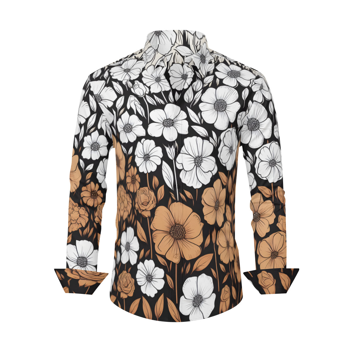 Brown And White Floral Men's Classic Long-Sleeved Shirt | Polyester