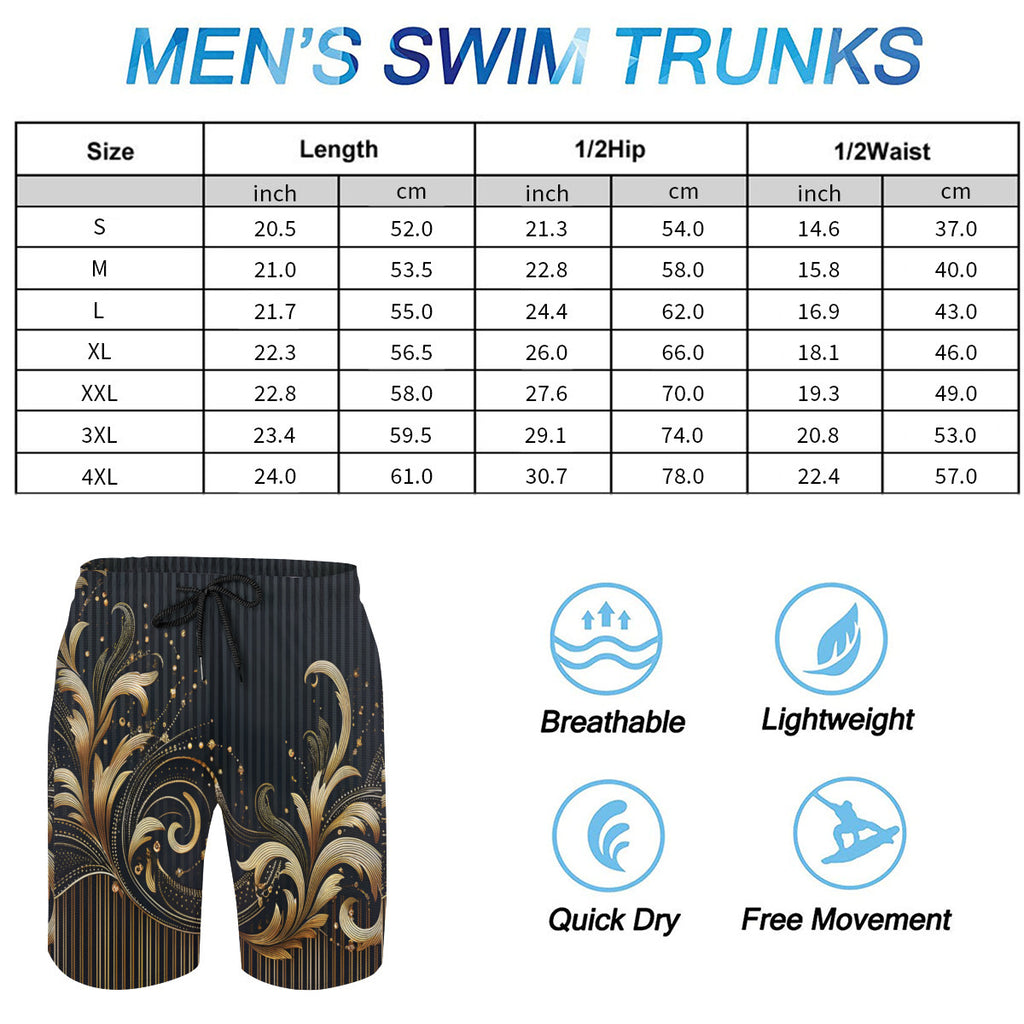 Elegant Gold Floral Men's Beach Shorts (Not Mesh Lined) | Polyester