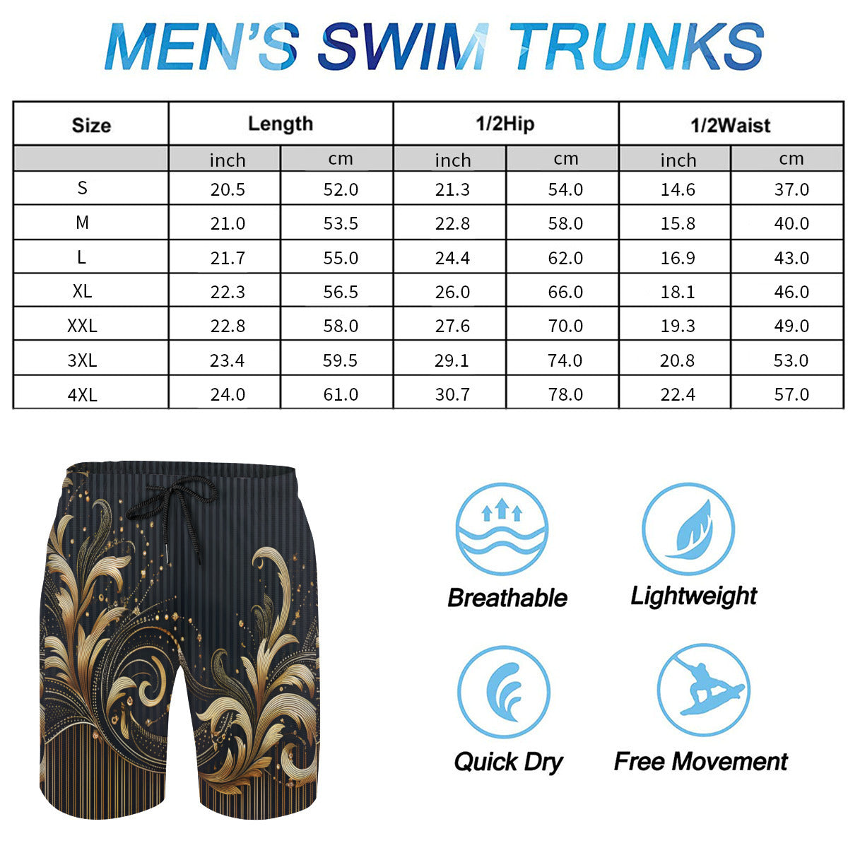 Elegant Gold Floral Men's Beach Shorts (Not Mesh Lined) | Polyester