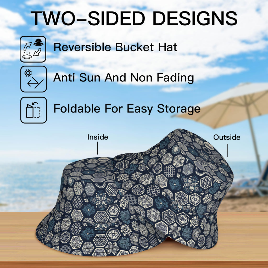 Navy Blue Geometric Shapes Double-Sided Unisex Polyester Bucket Hat