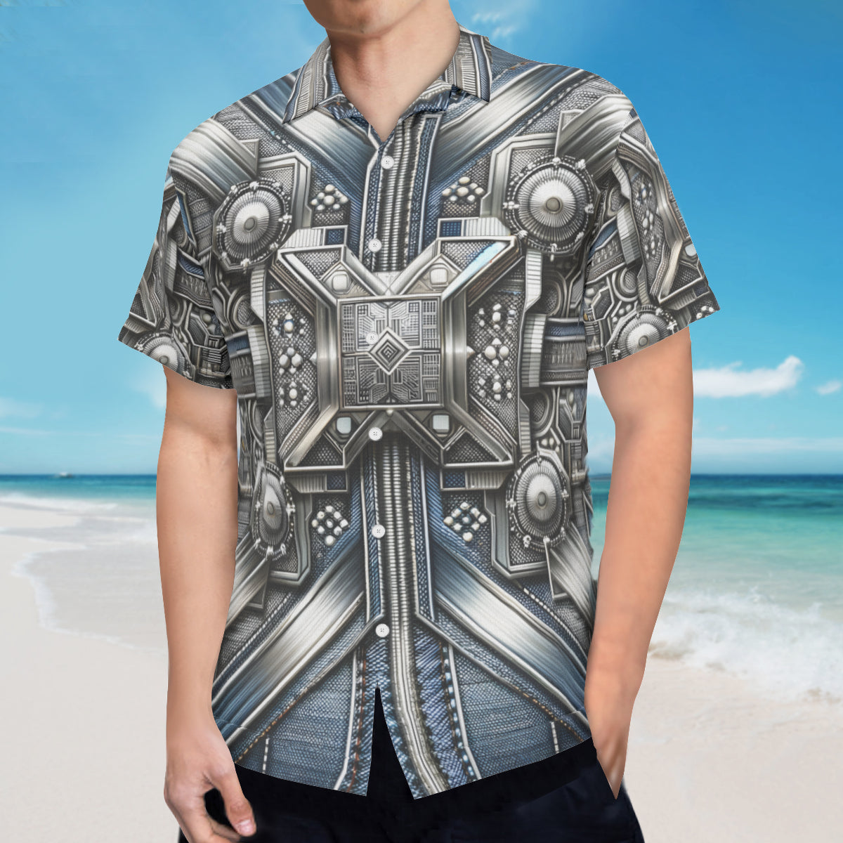 Metallic Denim Short Sleeves Men's Shirt