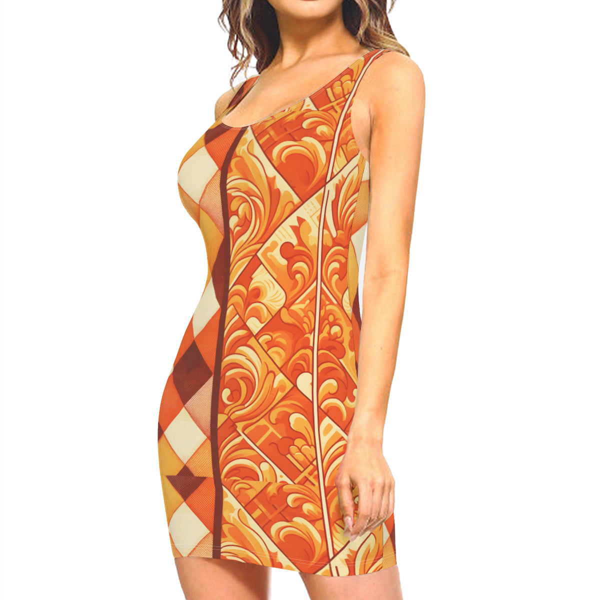 Orange Check Sleeveless Slim-Fit Euro-Size Tank Slip Dress | Polyester