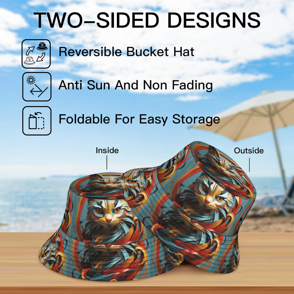Abstract Cat Double-Sided Unisex Polyester Bucket Hat