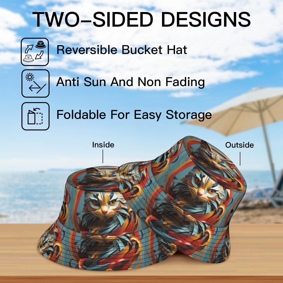 Abstract Cat Double-Sided Unisex Polyester Bucket Hat