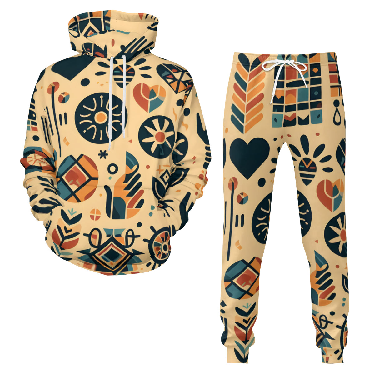 African Motifs Men's Adult Hoodie Set (Double-Layer Hood) | Health Fabric