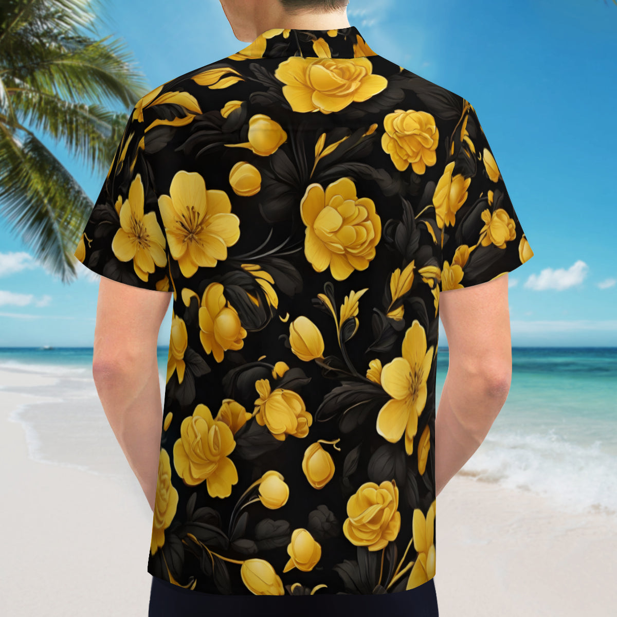Yellow And Black Floral Short Sleeves Men's Shirt