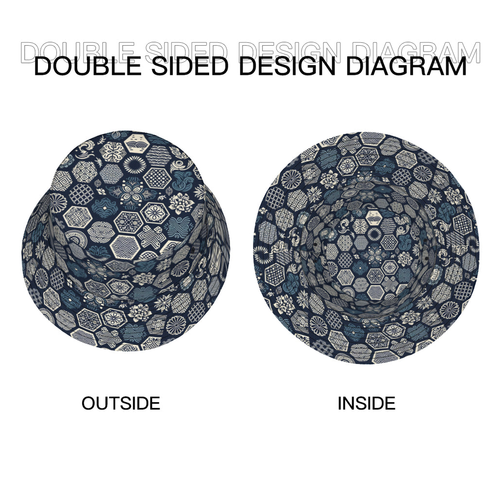 Navy Blue Geometric Shapes Double-Sided Unisex Polyester Bucket Hat