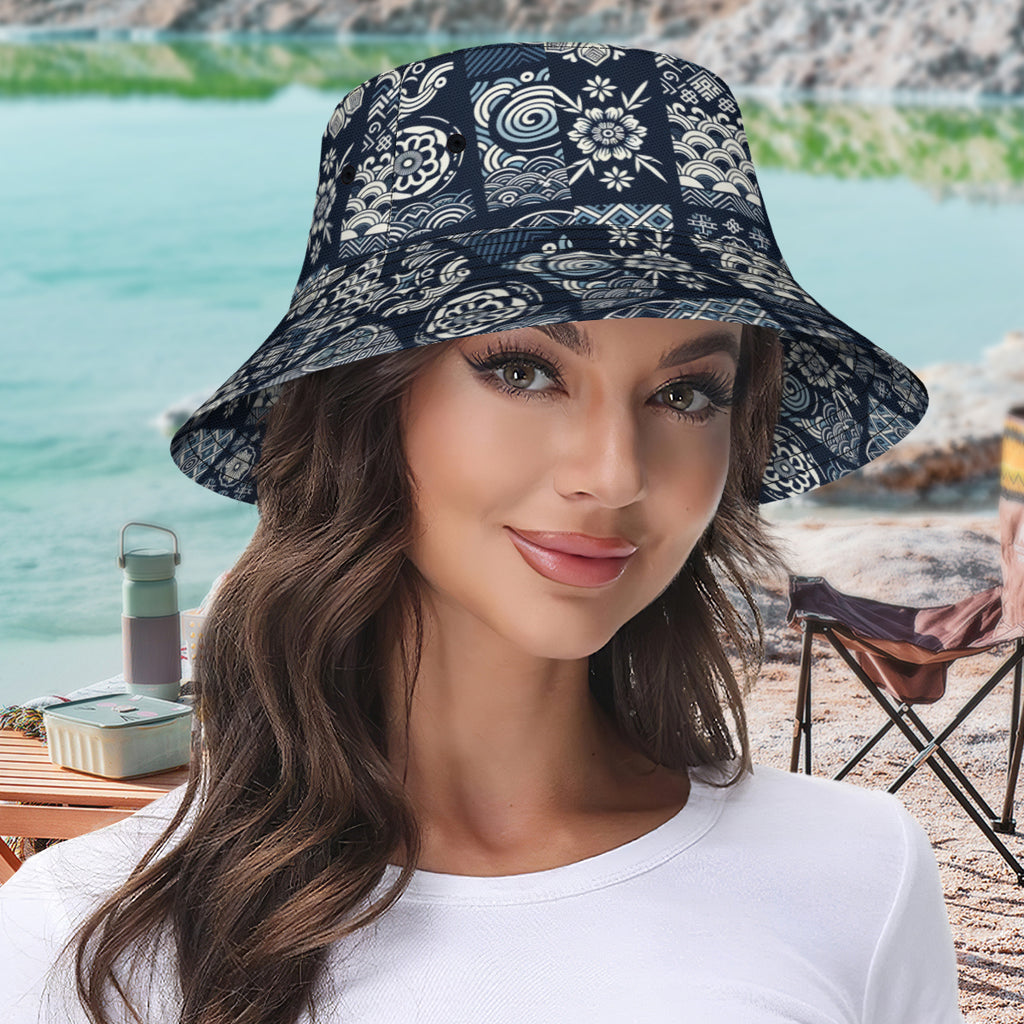 Navy Blue Geometric Shapes Double-Sided Unisex Polyester Bucket Hat