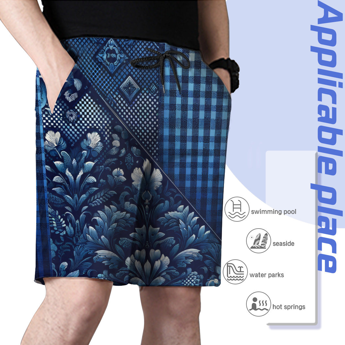 Blue Floral Check Men's Beach Shorts (Not Mesh Lined) | Polyester