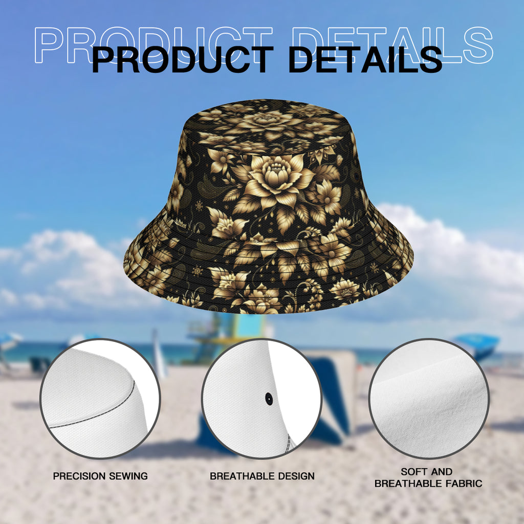 Gold Flowers Double-Sided Unisex Polyester Bucket Hat