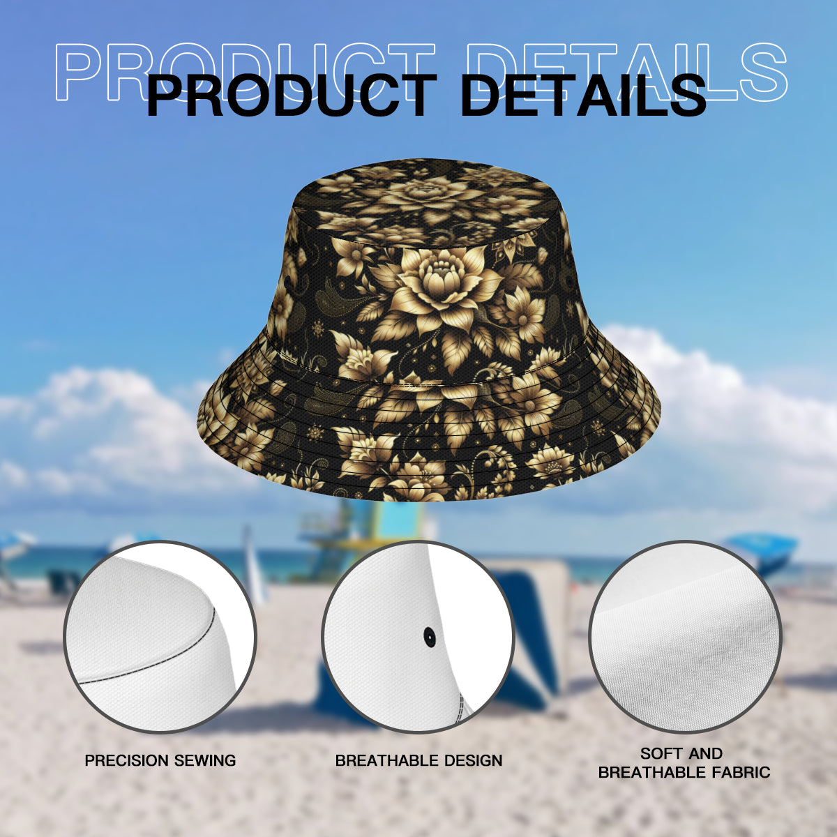 Gold Flowers Double-Sided Unisex Polyester Bucket Hat