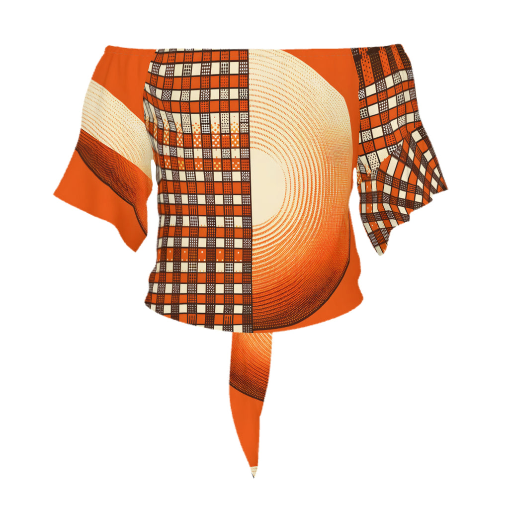 Orange Check One-Shoulder Tie Short Sleeves