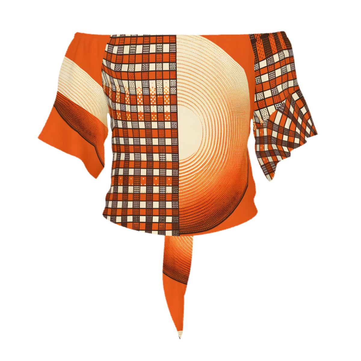 Orange Check One-Shoulder Tie Short Sleeves