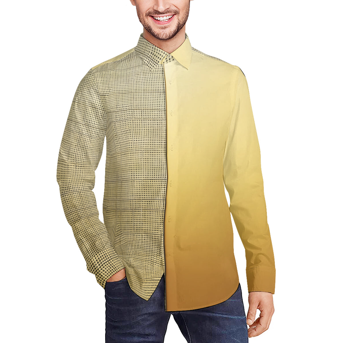 Gold Check Men's Classic Long-Sleeved Shirt | Polyester