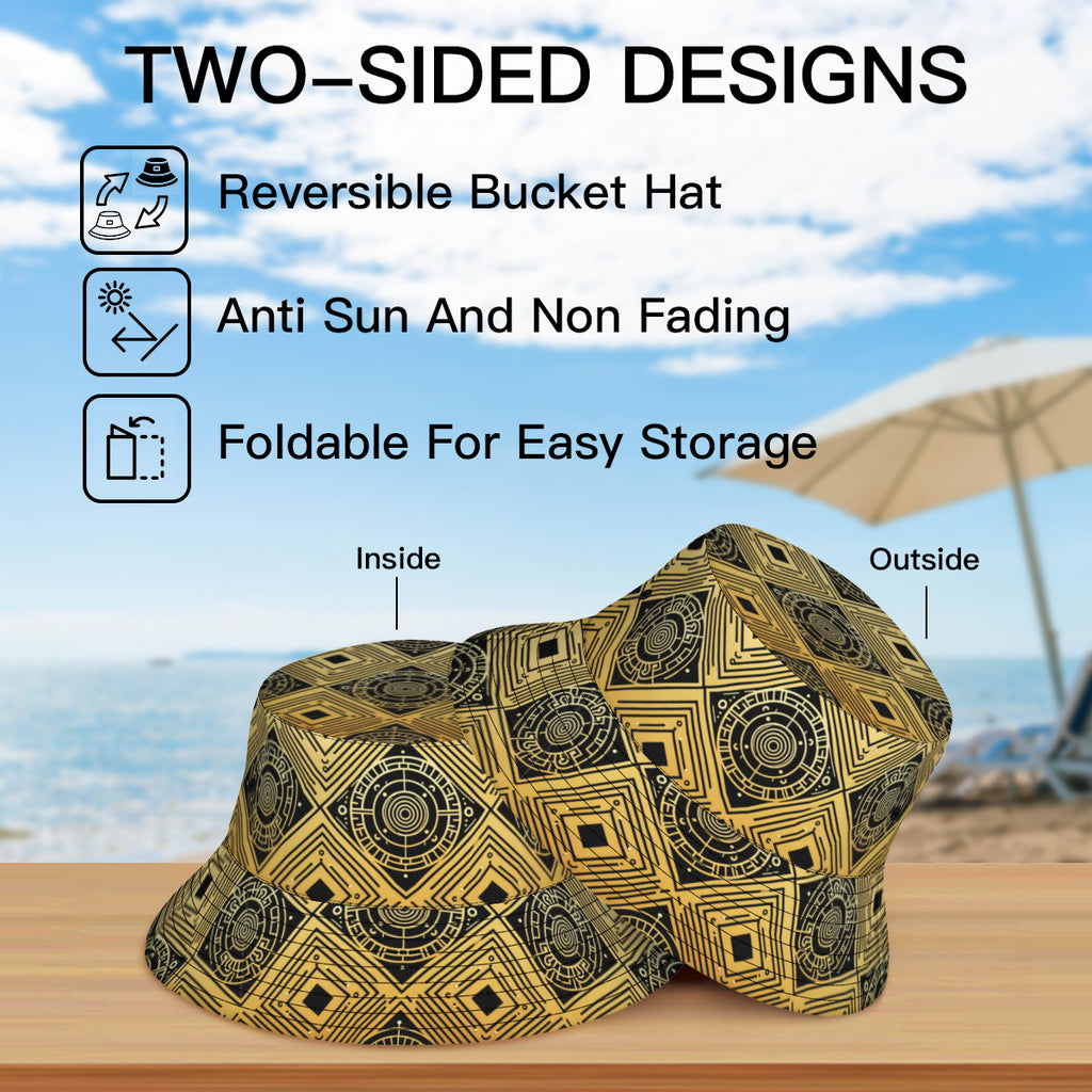 Golden Geometric Shapes Double-Sided Unisex Polyester Bucket Hat