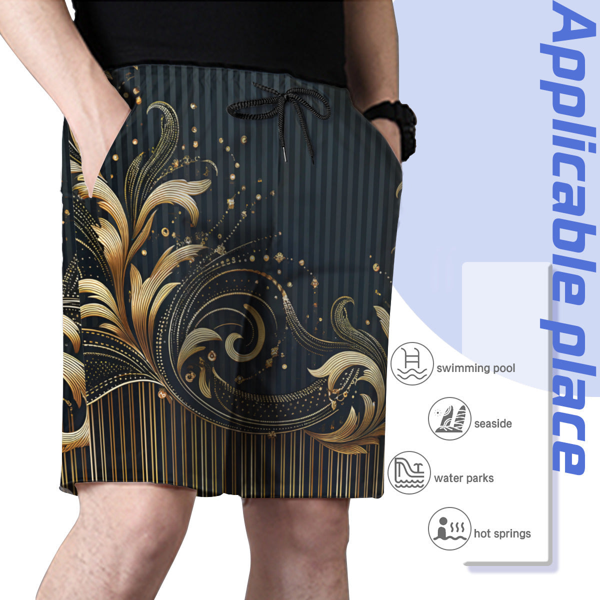 Elegant Gold Floral Men's Beach Shorts (Not Mesh Lined) | Polyester