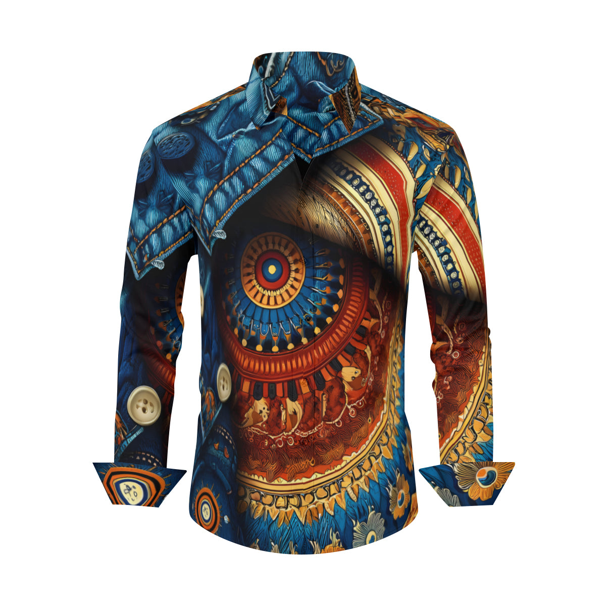 Denim And African Design Long Sleeves Men's Shirt