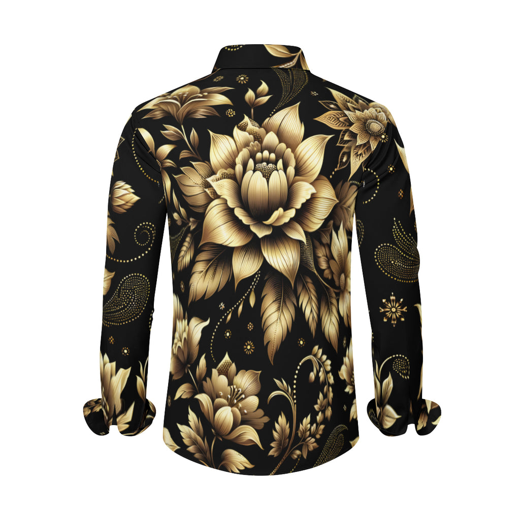 Gold Flowers  Men's Classic Long-Sleeves Polyester Shirt