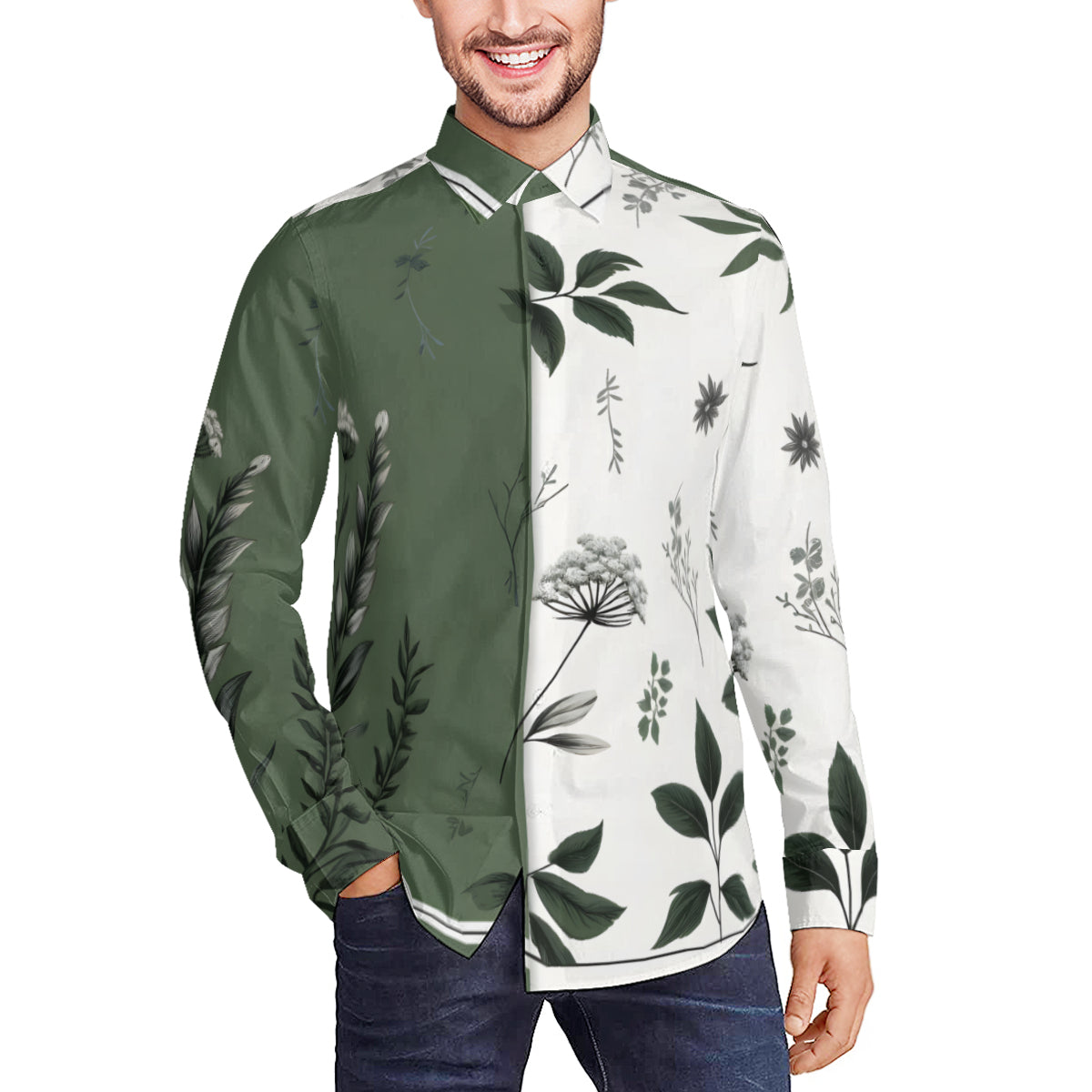 Olive Green Botanical Long Sleeves Men's Shirt