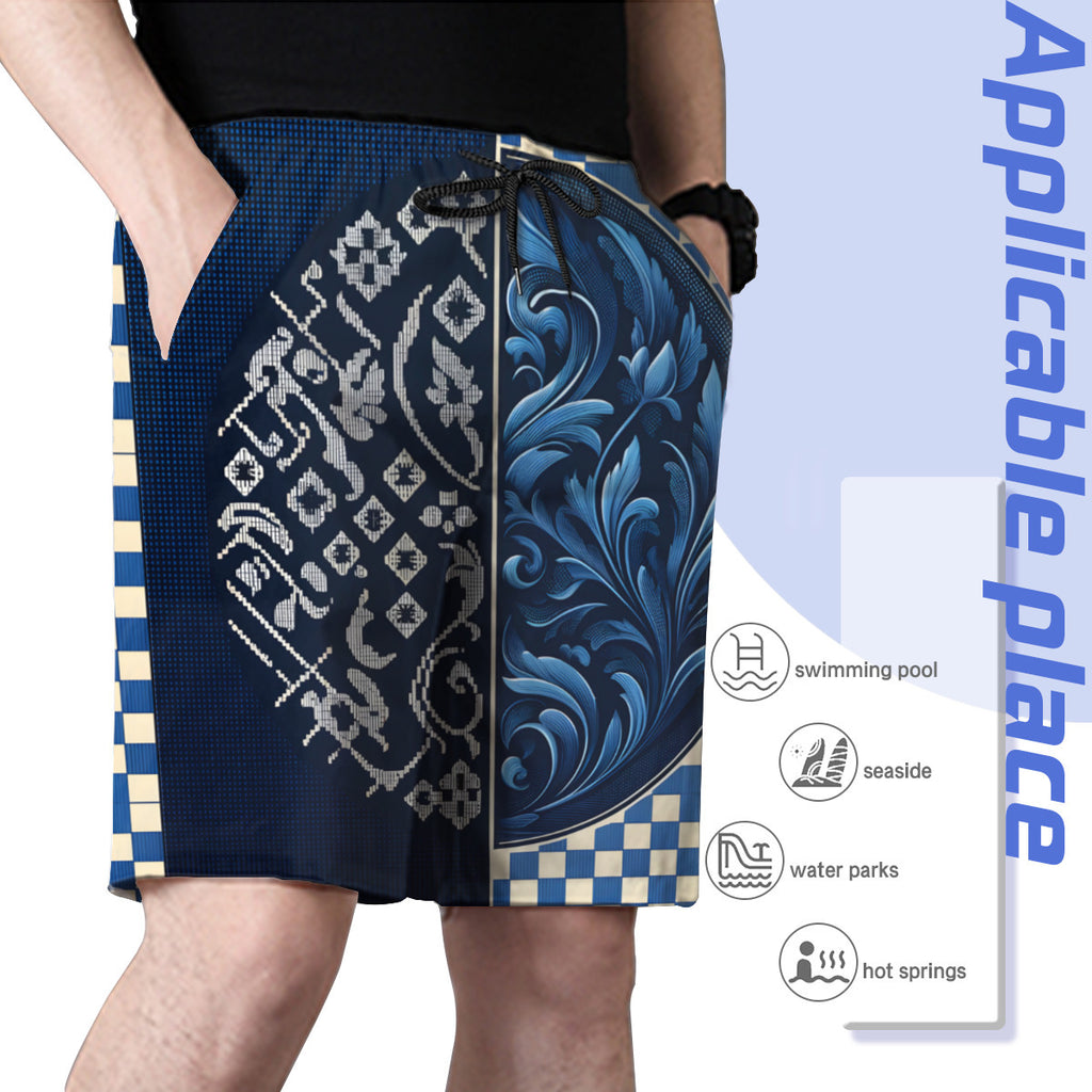 Blue Check Men's Beach Shorts (Not Mesh Lined) | Polyester