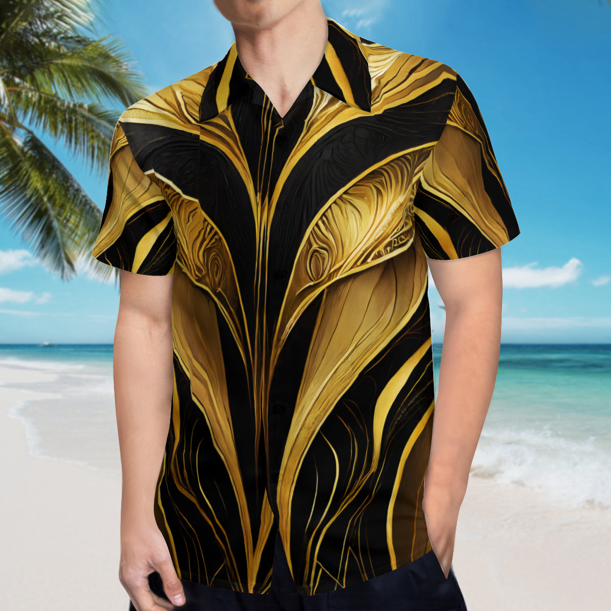 Elegant Black And Gold Short Sleeves Men's Shirt